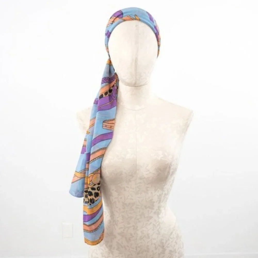 Vintage Scarf 80s 90s OS Silk Chiffon Fashion Graphic Print Blue - Picture 8 of 12
